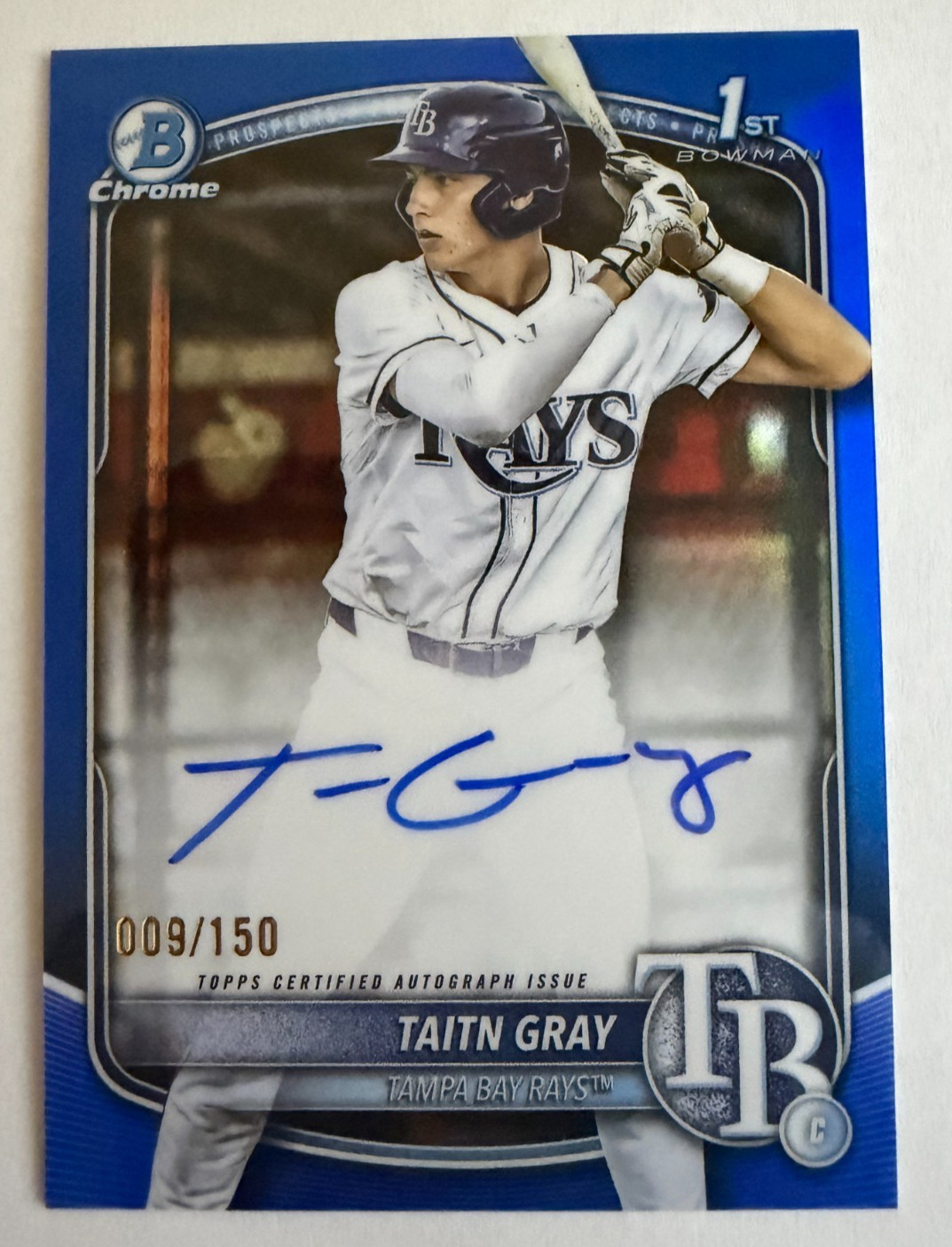 2025 Bowman Draft Taitn Gray 1st Chrome TRUE BLUE Refractor Auto RC 009/150 Rays
