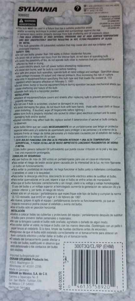 Sylvania 300T3Q/CL/RP (EHM) 120V light bulb - Image 2 of 2