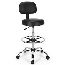Ergonomic Drafting Chair Faux Leather Upholstered Rolling Stool w/ Backrest