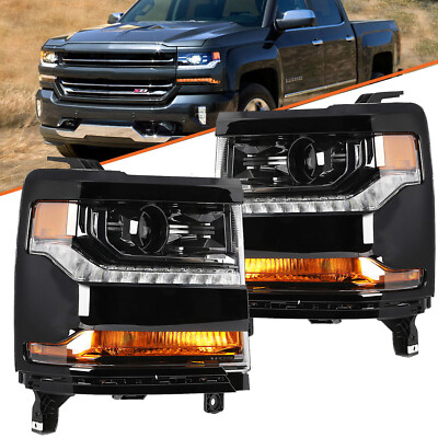 【Gloss Black 】For 2016-2019 Chevy Silverado 1500 HID/Xenon Headlights w/ LED DRL