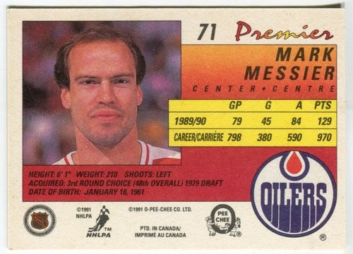 1990-91 O-Pee-Chee Premier OPC #71 Mark Messier Edmonton oliatori - Foto 2 di 2