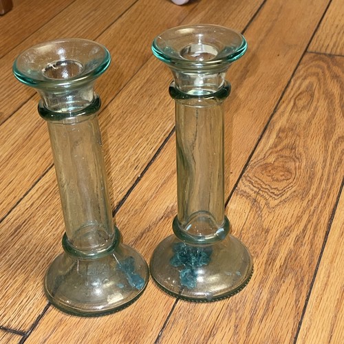 2 Green Recycled Glass Candlestick Candle Holders Upcycle Thanksgiving - 第 1/5 張圖片