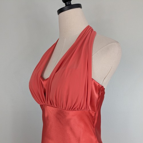 Vintage Prom Dress Maxi Gown 8 Orange Y2K Glam Satin Ruffle Halter Grunge 8 - Picture 3 of 14