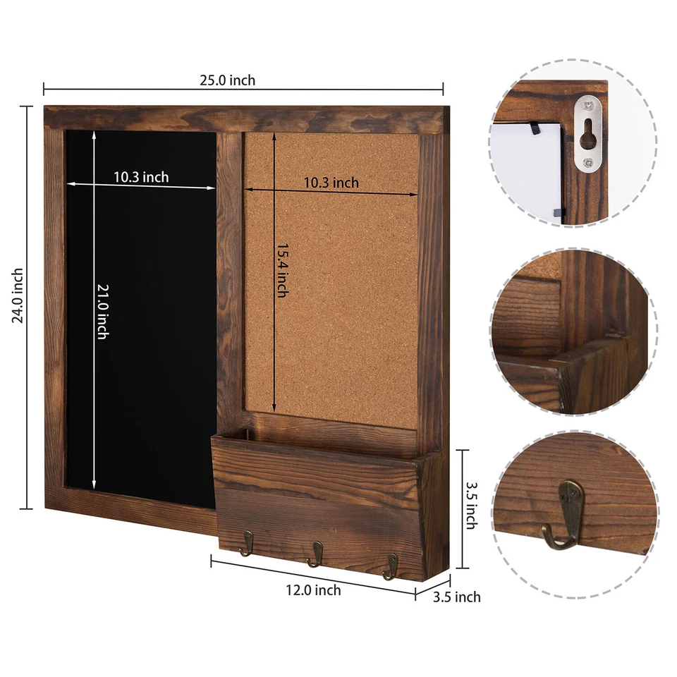 Темно-коричневая деревянная настенная доска с пробковой доской, почтовым сортировщиком и крючками для ключей - Изображение 4 из 4