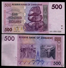 Zimbabwe 500 DOLLARS P-70 2007 Zimbabwean Buffalo AA Pfx UNC World Currency NOTE