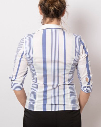 NARA CAMICIE Fitted Stretch Cotton Striped 3/4 Sleeve White Blue Blouse S - Picture 5 of 8