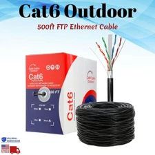 Shielded 500ft Outdoor Cat6 Ethernet Cable FTP Solid Direct Burial Black UV