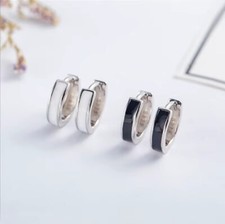 Black White Enamel Hoop Earrings Sterling Silver 925 9mm 11mm Hoops