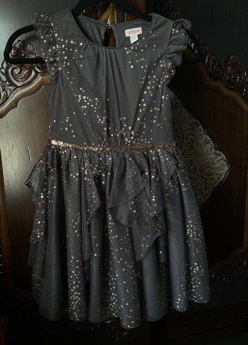 Girls Sequin Trim Flutter Sleeve Dress Cat & Jack Charcoal Gray Rose Gold M 7/8 - Picture 8 of 9