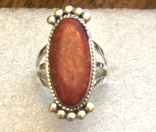 Natural Coral Elongated Oblong Solitaire Ring size 9 in 925 Sterling Silver