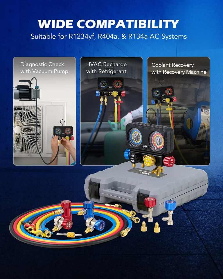 OMT AC Diagnostic Manifold Gauge Set 4 Way HVAC Gauges with Hoses for R1234yf - image 4 of 4