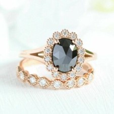 Women's Halo Wedding Bridal Set Ring Oval Cut Lab Created Black Onyx 925 Silver
