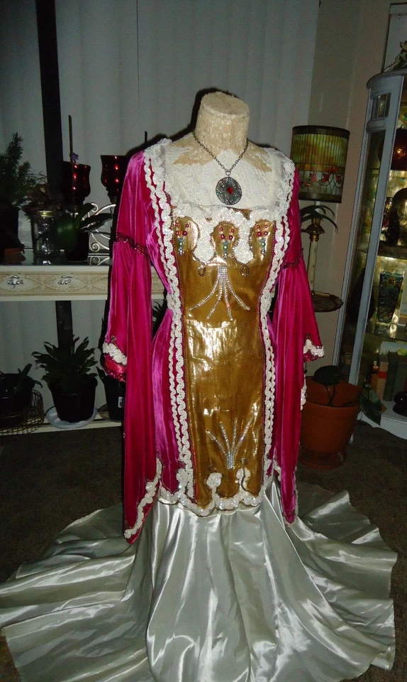 Vestido teatral de terciopelo color magenta con cuentas/lentejuelas para mujer (pequeño) Foto 2 de 4