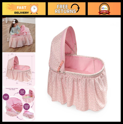 Folding Doll Cradle with Hood for 18-22'' Dolls - Pink/Rosebud Design & Bedding
