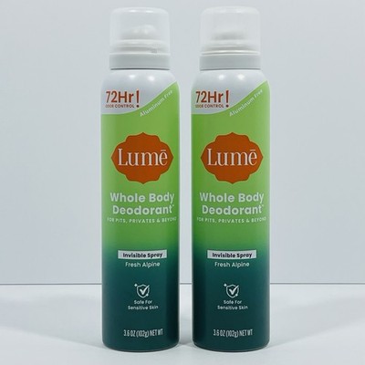 2 Pk Lume Whole Body Deodorant Invisible Spray Fresh Alpine 3.6oz Aluminum Free