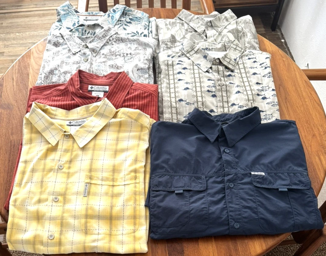 Columbia 2XL Shirt Lot (7) PFG Fishing Plaid Tropical Fish Short & Long Sleeve #