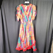 Vtg Rainbow Plaid Puff Sleeve Ruffle Hem Midi Dress 80s Retro Whimsigoth Disco