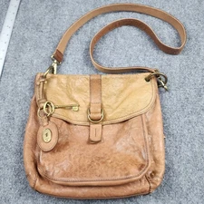 Fossil Vintage y2k Leather Satchel Bag Purse Camel Brown Boho Crossbody Lock Key