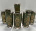 8 Jeanette Glass Co Green Gold Harp Mid Century Laurel & Lyre Glasses