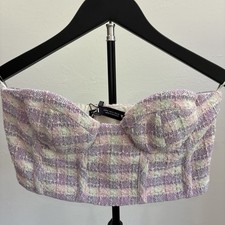 NWT Zara Women's Tweed Bustier Corset Top Pink Lilac Plaid Size US S