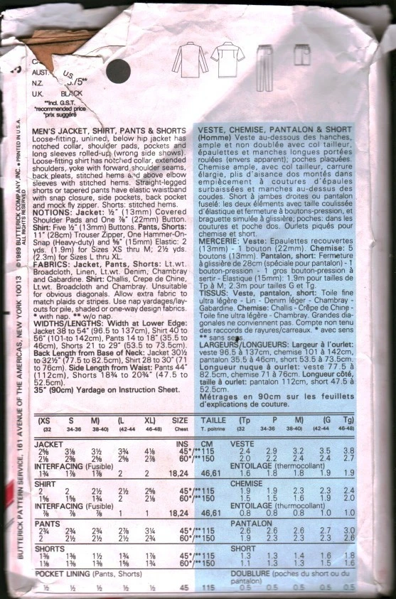 3517 Vintage Butterick patrón de costura años 80 para hombre camisa pantalones cortos chaqueta S Foto 2 de 2