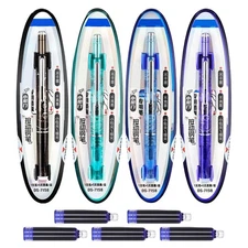 Retractable Fountain Pen + 5 Refillable Ink Medium Nib Transparent Barrel Smooth