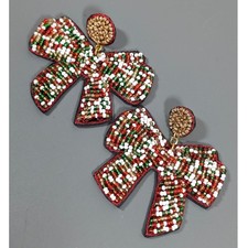 Christmas Bow Statement Earrings Red Green Beaded Holiday Dangle