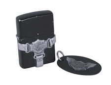 2001 Harley Davidson Pewter Bootstrap Zippo Lighter.  Well used + Key Fob