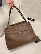 Auth Chanel Large Tote Bag Brown Lambskin Quilted Double‑Face Chain Shoulder Bag