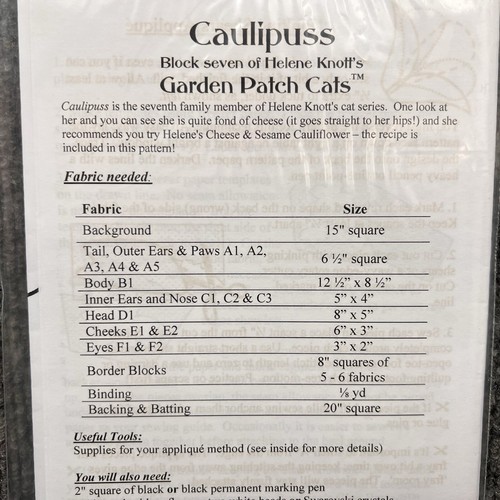 New Story Quilts Caulipuss 18" Quilt Block 7 Helene Knoff’s Garden Patch Cats - Picture 6 of 7