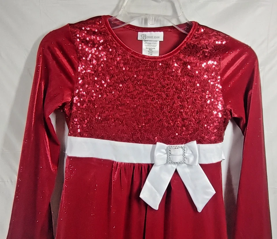 Bonnie Jean Christmas Dress 12 Red Sequin Glitter White Fur Trim Tie Back Girls - Image 2 of 4