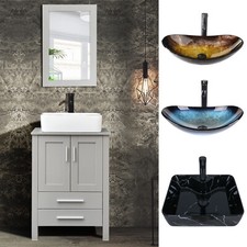 24'' Bathroom Vanity Cabinet Vessel Sink Combo Set Mirror Faucet Pop up Drain US