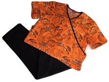 Women  s Scrub Set Orange Alice In Wonderland Cheshire Cat Top With Black Pants