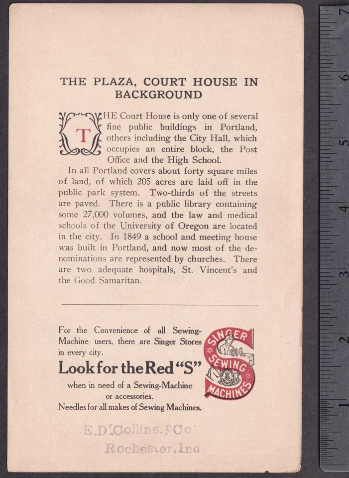 Portland Oregon c 1905 Elk Court House Plaza Singer Sewing Machine Ad Trade Card - Image 4 of 4