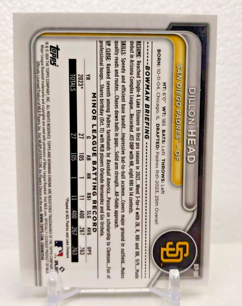 DILLON HEAD #/99 GREEN 2024 Bowman Baseball Refractor San DILLON HEAD #/99 GREEN 2024 Bowman Baseball Refractor San