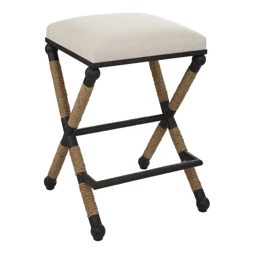 Uttermost Firth 28" Coastal Iron and Fabric Counter Stool in Beige and Natural - Picture 1 of 12