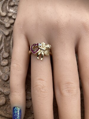 Ring 9 kt Gold Amor 2 Herzen verziert mit echten Rubinen und Diamanten