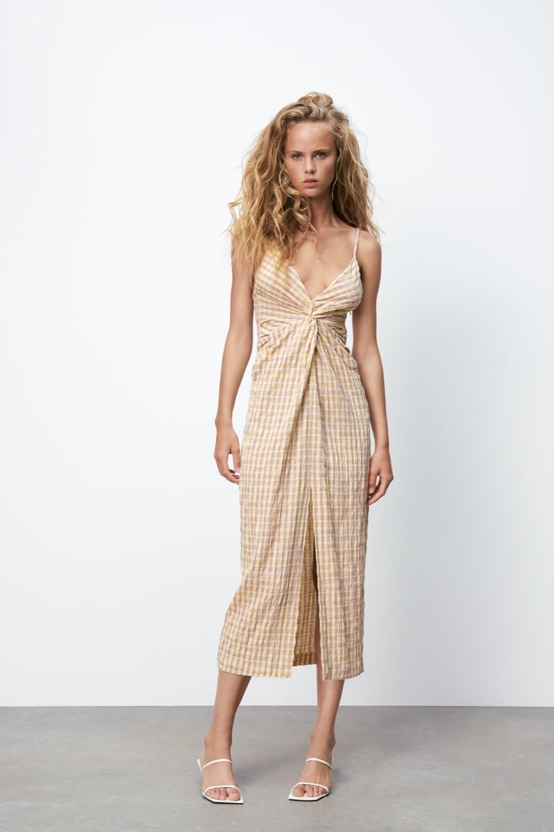 ZARA【NEW】GINGHAM CHECK MIDI DRESS ZARA NAVY BLUE WHITE GINGHAM CHECK KNOT TIE CUT OUT MIDI