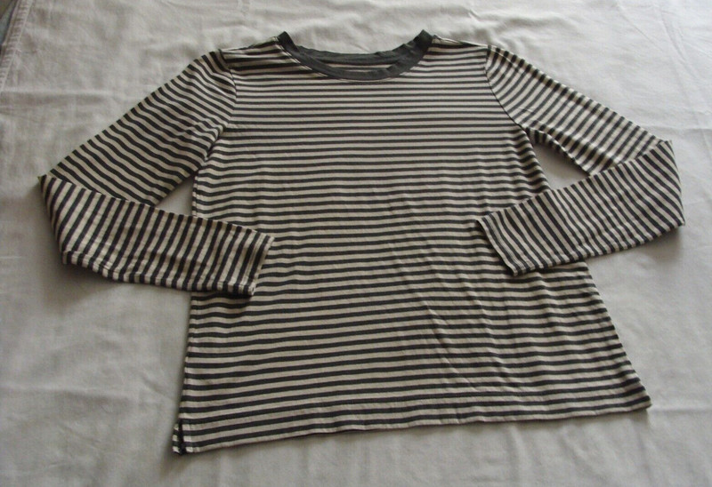 ANN TAYLOR LOFT Gray & Cream STRIPE Long Sleeve CREW Neck TEE T-Shirt Sz X-SMALL
