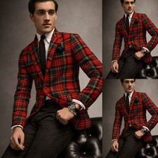 Red Plaid Mens Blazer Casual Check Jacket Prom Party Wear Coat Stylish Tuxedos