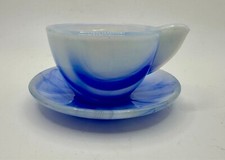 Akro Agate Glass Child's Small Interior Panel Cup and Saucer BLUE MARBLE SWIRL