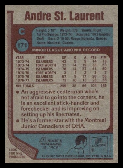 1977 Topps #171 Andre St. Laurent New York Islanders Hockey card NM+ | eBay