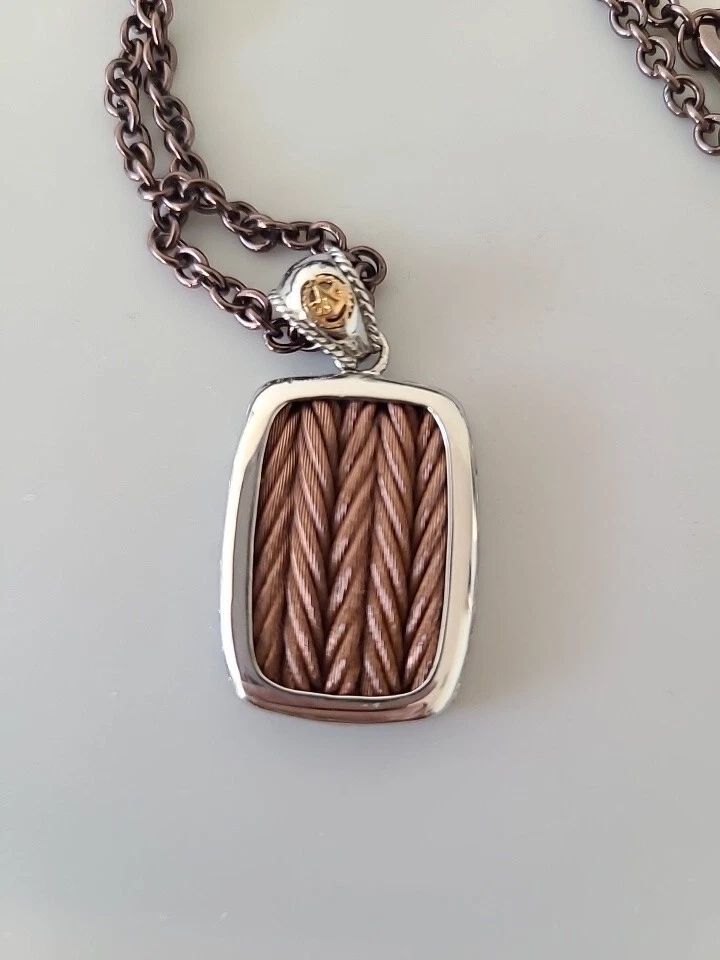 Collar colgante ALOR unisex de acero, cable de acero marrón y oro amarillo de 18k. Nuevo sin etiquetas Foto 2 de 4