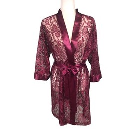 Intimate Affair Robe Womens Size M Ruby Lace Kimono Tie Robe Satin Trim Sexy