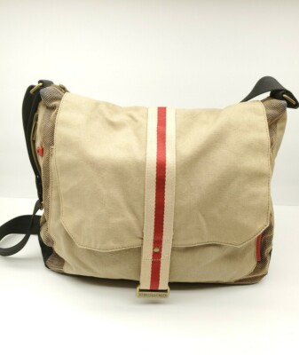 Hedgren 16'' Messenger Laptop Bag Tan &Black Canvas With Red- Pristine!