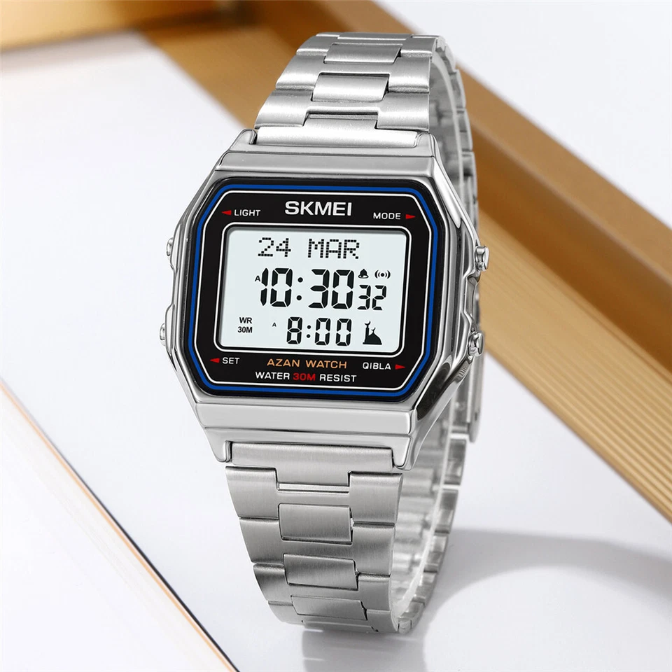 SKMEI Men Square Watch Qibla Time Reminder Digital Steel Wristwatch Prayer Watch - Image 4 of 4