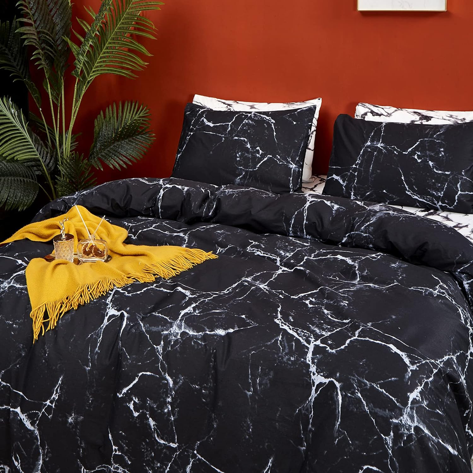 Queen Comforter Set Black Marble 3Pcs Grey Bedding Comforter Sets Men