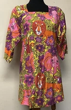 Vintage 1960s Pink Purple Jungle Animals Smock Apron by Design House One Size