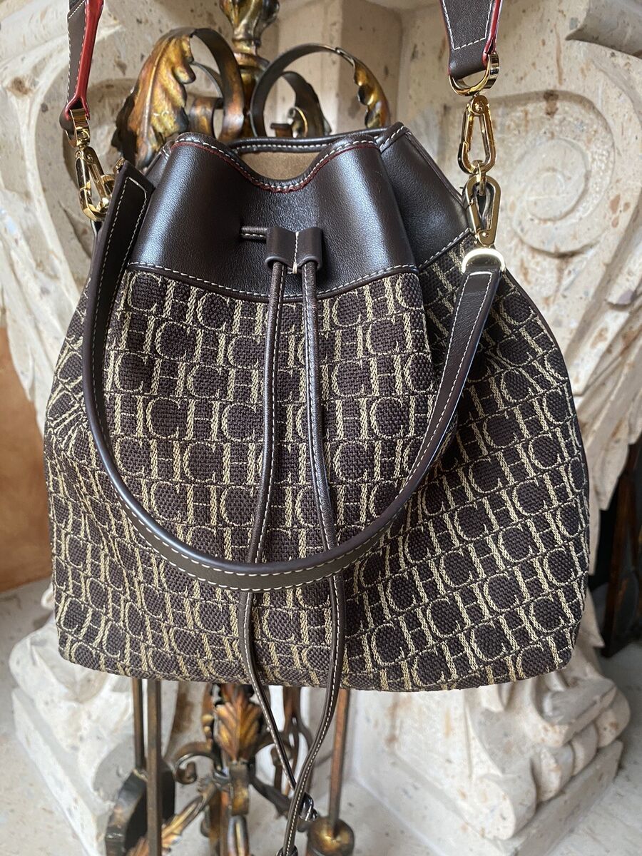 CH CAROLINA HERRERA LOGO BROWN CANVAS AND LEATHER BUCKET CH CAROLINA HERRERA LOGO BROWN CANVAS AND LEATHER BUCKET