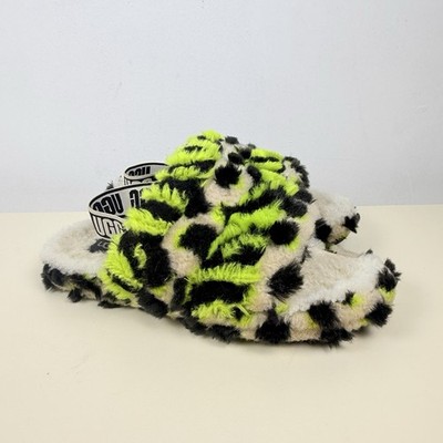 UGG Fluff Yeah Animalia Slides Womens Size 6 Backstrap Lime Green Leopard Print 